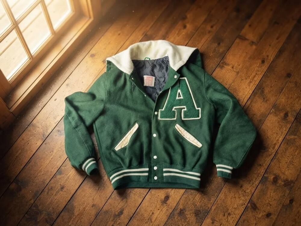 Vintage 1950s Aurora Girls Wool Letterman Jacket. Green and white A